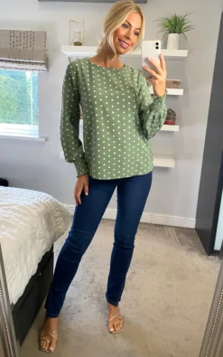 Mint Polka Dot Long Sleeve Blouse