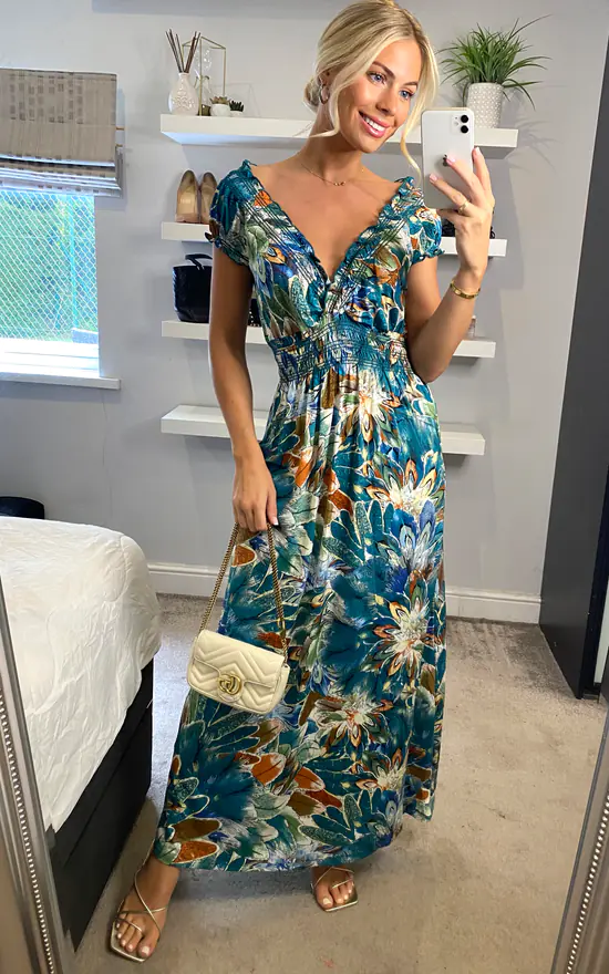 Multi Green Floral V Neck Cap Sleeve Maxi Dress - Image 2