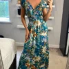 Multi Green Floral V Neck Cap Sleeve Maxi Dress