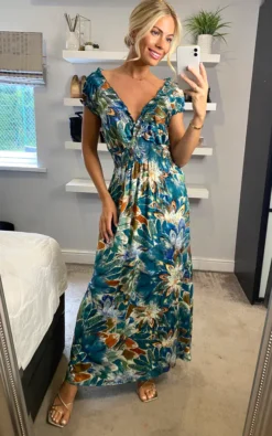 Multi Green Floral V Neck Cap Sleeve Maxi Dress