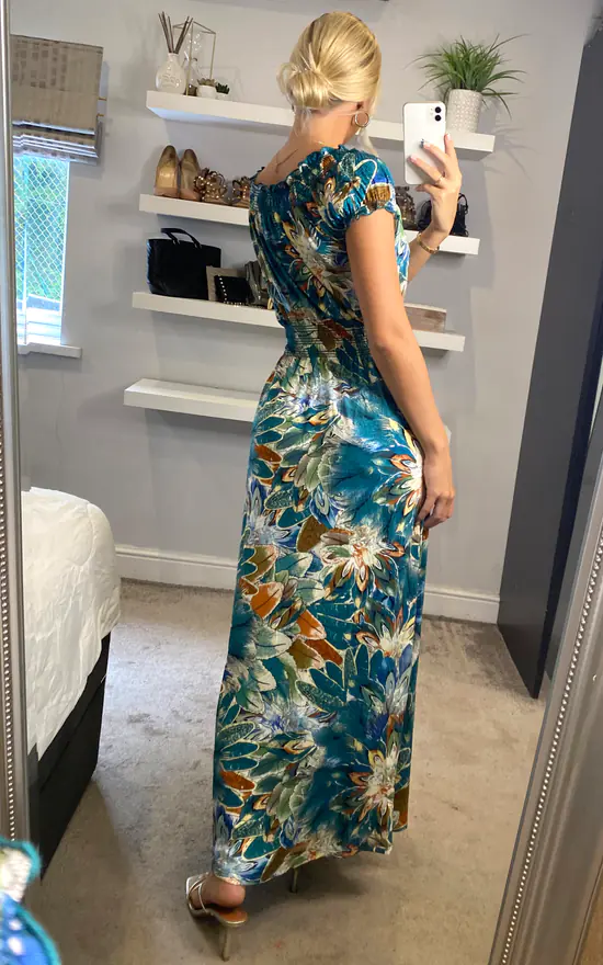 Multi Green Floral V Neck Cap Sleeve Maxi Dress - Image 4