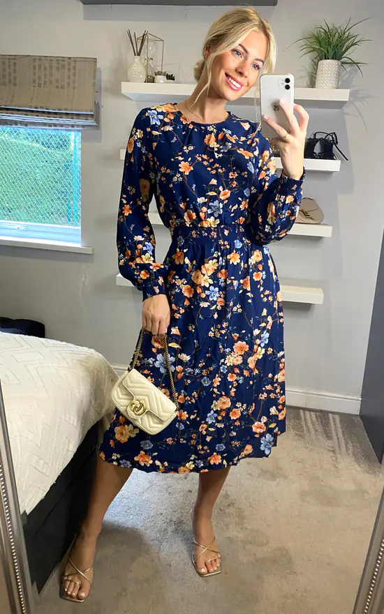 Multi Navy Floral Long Sleeve Tea Dress