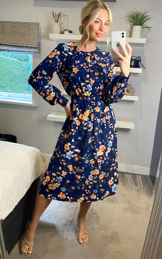 Multi Navy Floral Long Sleeve Tea Dress - Image 3