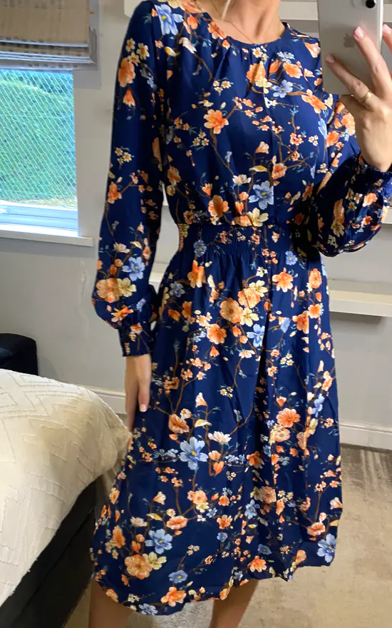 Multi Navy Floral Long Sleeve Tea Dress - Image 2