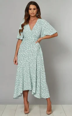 Bobbie Angel Sleeve Wrap Midi Dress In Blue Mint Floral Print