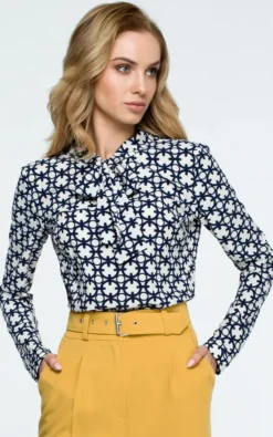 Rings Patterned Tie Bow Long Sleeve Blouse