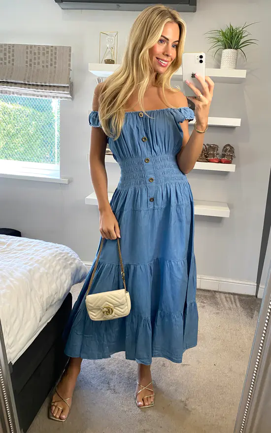 Plain Sleeveless Light Wash Bardot Maxi Dress