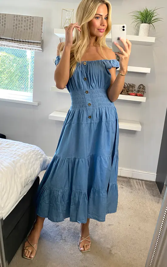 Plain Sleeveless Light Wash Bardot Maxi Dress - Image 2