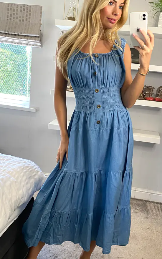 Plain Sleeveless Light Wash Bardot Maxi Dress - Image 3