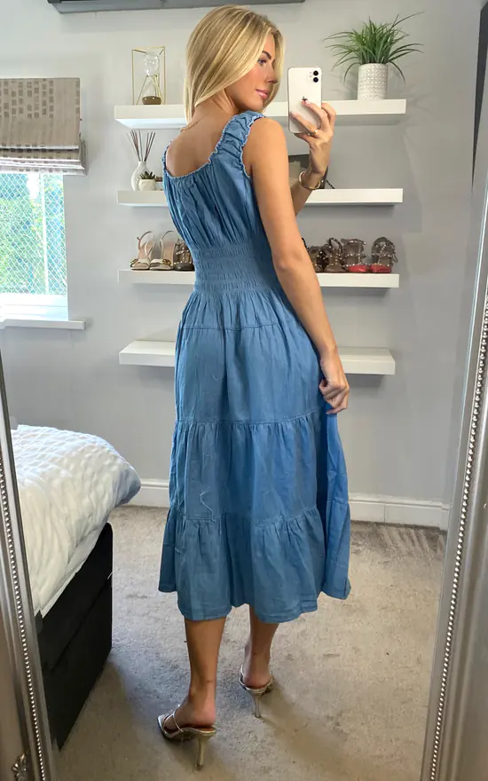 Plain Sleeveless Light Wash Bardot Maxi Dress - Image 4