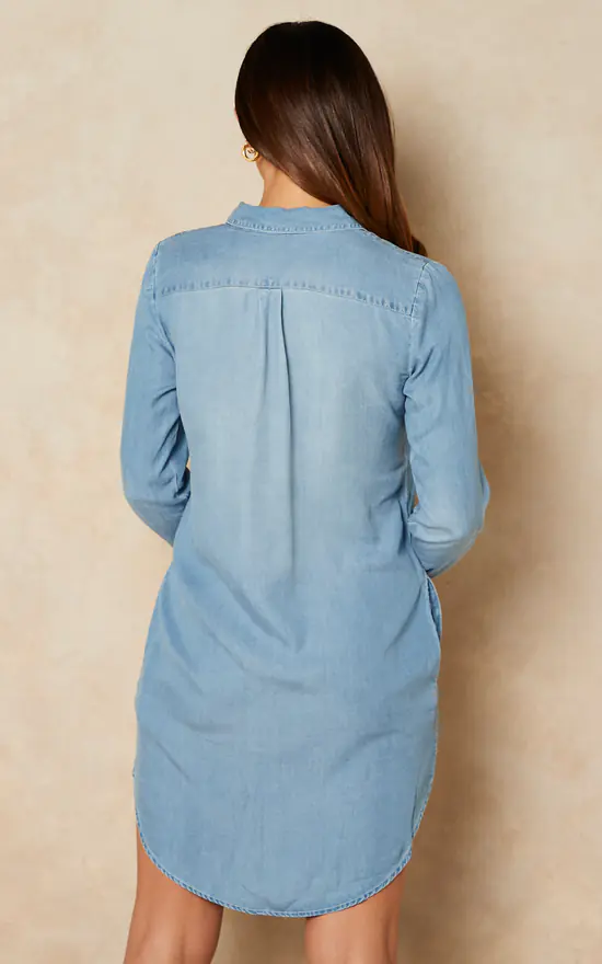 Long Sleeve Denim Shirt Dress In Light Blue - Image 4