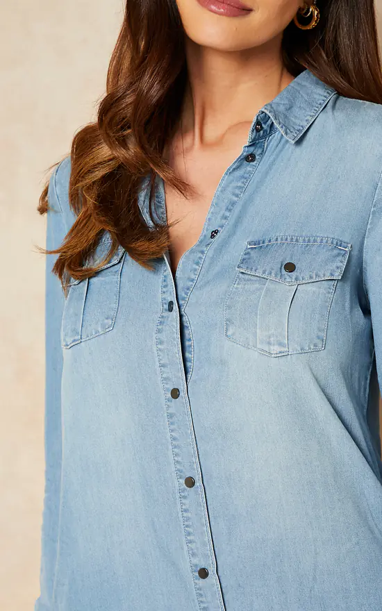 Long Sleeve Denim Shirt Dress In Light Blue - Image 3