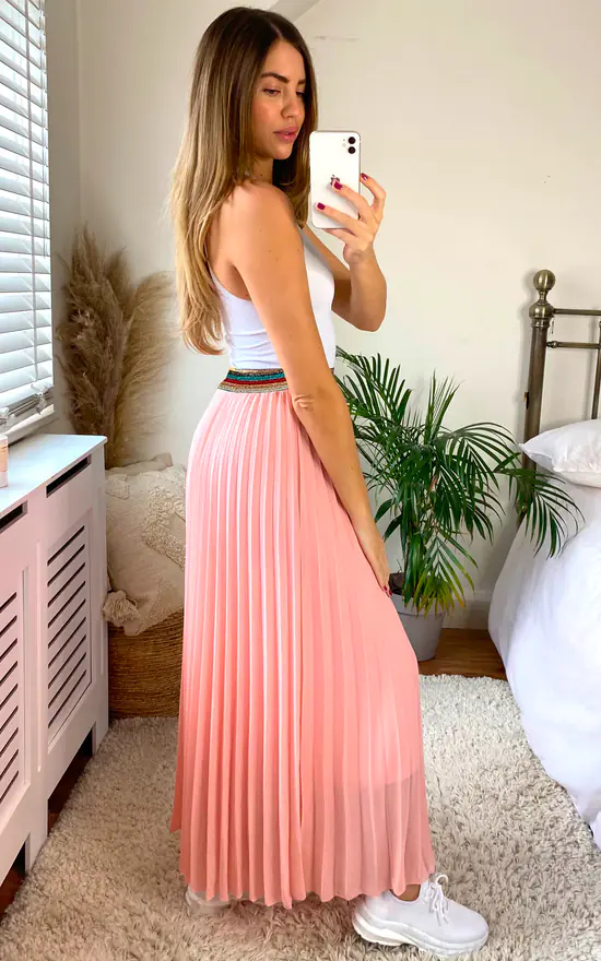 Pink Pleated Maxi Skirt With Elasticated Waistband - Image 4